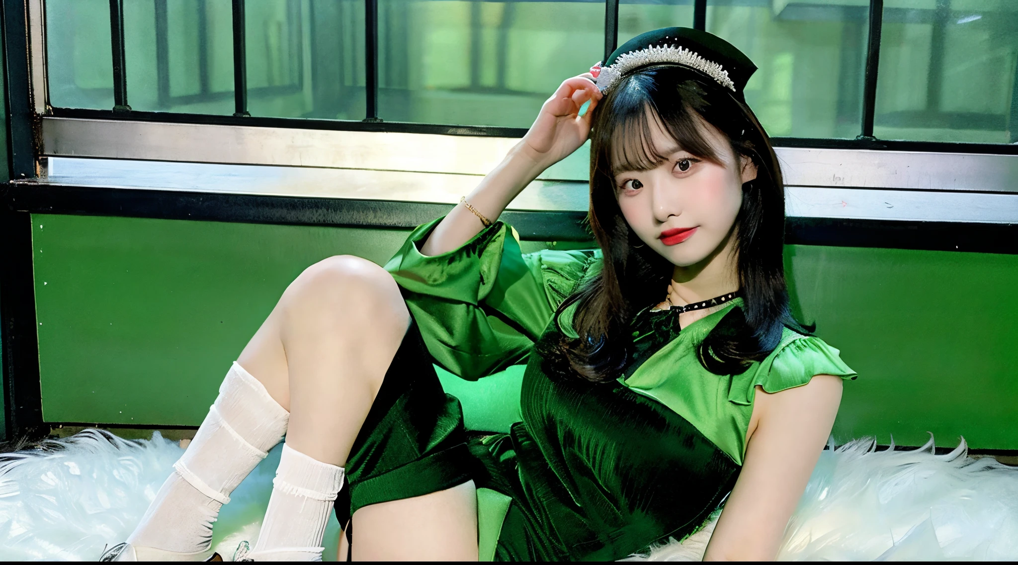 18 year old cabaret club girl in green miniskirt dress