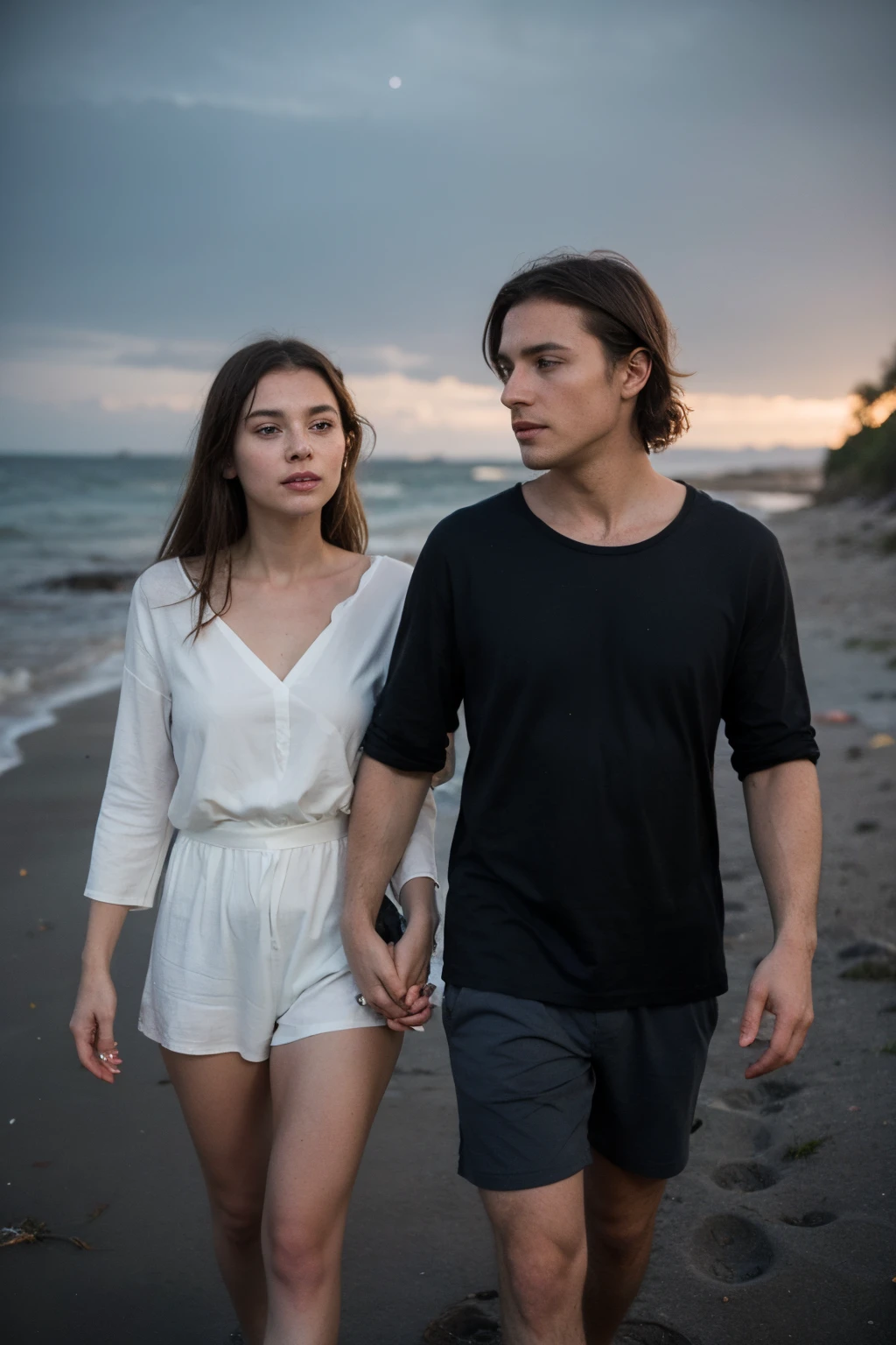 black-haired man with black shorts and a black shirt with a white complexion with blue eyes and German features and a woman with brown hair and violet eyes with a white dress and a white complexion with Italian features walking on the shore of a beach with bioluminescence at night while they are holding hands, al rededor de ellos hay arrecifes de coral