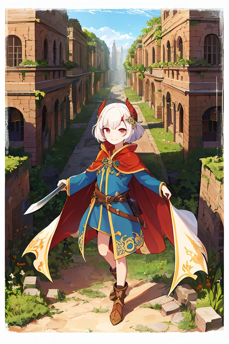 (Beautiful, Masterpiece, Top Quality, High Resolution Face), Absurd Quality,((Perfect Anatomy, Ridiculous Quality)), ((Beautiful Face)), (Perfect Face, Perfect Face shape), smile, ((distant view)), ((full body)),Dungeon, underground ruins, warrior, sword, cloak, smile, small dragon, smile, treasure chest,