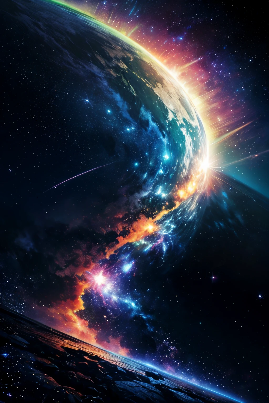(La mejor calidad,4k,8k,Altas Resoluciones,Obra maestra:1.2),Ultra detallado,(realista,fotorrealista,fotorrealista:1.37),arte planetario,sistema solar,cielo nocturno,estrellas brillantes,Cosmic Wonders,Cuerpos celestes,planetas en movimiento,Orbiting planets,space exploration,astronomy,Viaje interestelar,exoplanetas,alien worlds,galaxias distantes,Nebulosas,viveros estelares,Explosiones estelares,Milky Way Galaxy,intergalactic journey,cosmic dust,Continuo espacio-tiempo,Materia oscura,revelando el universo,Belleza infinita,astrophotography,Galactic Adventures,universo misterioso,Cosmic Energy,Explorando lo desconocido,Constelaciones estelares,Celestial Navigation,stellar dynamics,Deep space exploration,CosmicLandscapes,vista de astronauta,universo espectacular,Paisajes impresionantes,horizontes lejanos,Espacio luminoso,Estrellas pulsantes,cosmic ballet,Paisaje lunar,visiones de otro mundo,enigmatic space,cosmos cautivador,ever expanding universe,auroras coloridas