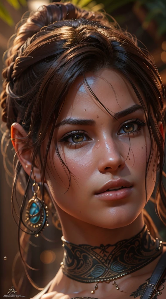 8K ultra-realistic masterpiece , highly detailed artwork depicting a stunningly sexy busty , beautiful and alluring young Lara Croft in her signature attire, perfect body with big breast , small waist and bubble butt , exuding a sexy appeal within a Maya artifact scene. Ensure intricate skin details, HDR lighting, and ray tracing effects, striving for an art piece reminiscent of a renowned artist's style, aiming for maximum visual allure and lifelike realism."