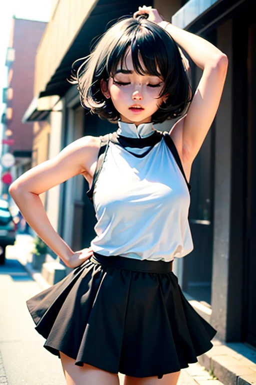 ((top-quality, 8K)), (Realistic), (Face Focus: 1.1), (white and black: 1.3), Kawaii Girl, short-hair,
Hair fluttering in the wind, Facing to the side, Look up at your face, Eyes closed, (Sleeveless: 1.1)、Skirt,