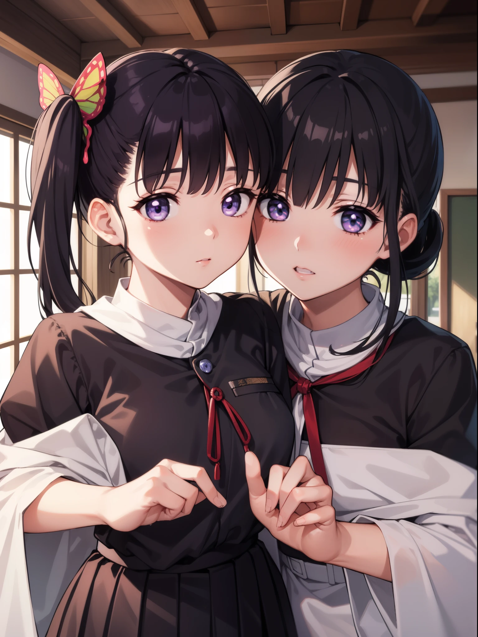 Kanaotsu Yuri, Kanao Tsuyuri, Black hair, butterfly, butterfly hair ornament, (Purple eyes:1.1), Side Ponytail, Ponytail, 
Blake Black Skirt, Cape, demon slayer uniform, Long sleeves, Pleated skirt, Skirt, white cape,
BREAK looking at viewer,
Break indoors, crass room,
BREAK (masutepiece:1.2), Best Quality, High resolution, Unity 8k壁纸, (Illustration:0.8), (Beautiful detailed eyes:1.6), extra detailed face, Perfect Lighting, extremely details CG, (Perfect hands, Perfect Anatomy),