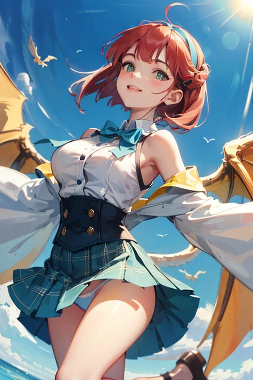 Big breasted girl smiling slightly,Red Short Bob,Green eyes,Shoulders are sticking out,Sleeveless blouse,Hair band on the head,Wearing a hair band,Bow tie on chest,light blue bowtie,plaid skirts,Floating skirt,Light blue panties inside the skirt,Looking up from under your feet,Flying in the air,Dragon wings on the back,The background is only a blue sky