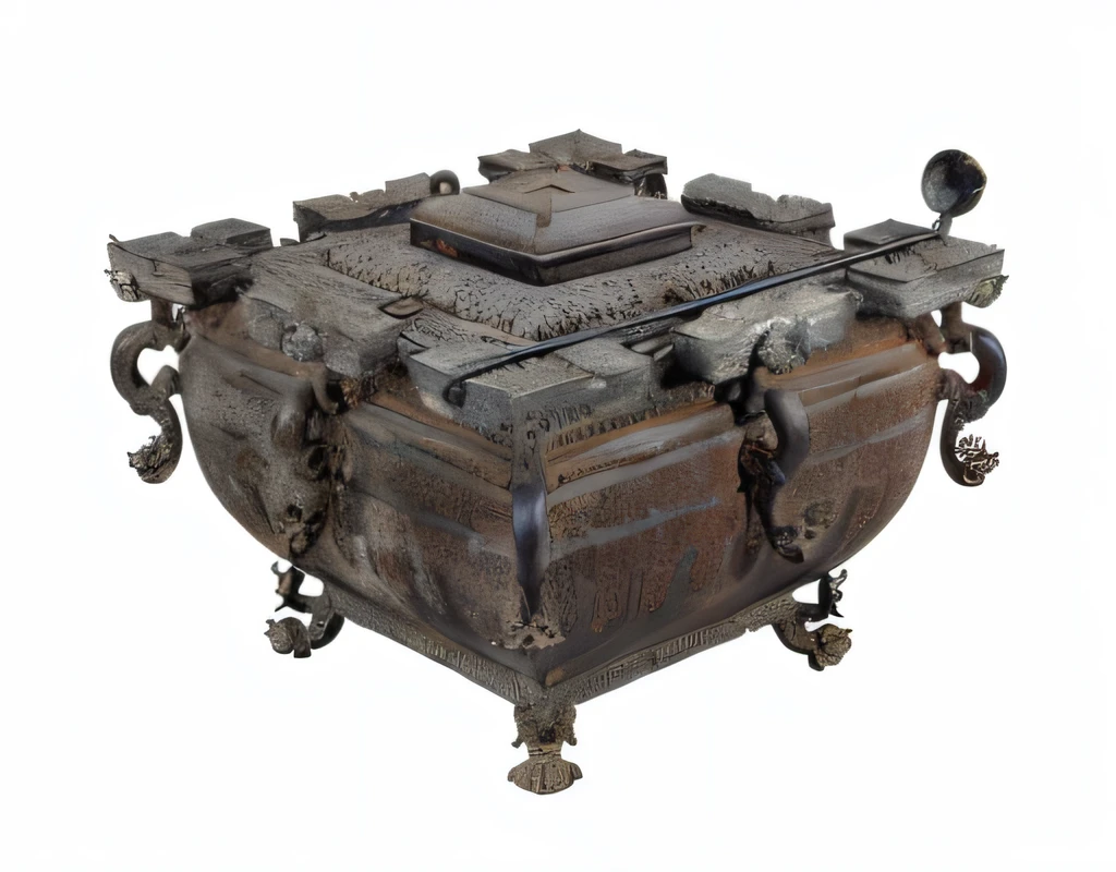 There is a big metal box,There is a handle on it, gujian, Reliquary, author:ghana trip, banal object on a pedestal, baroque style objects, ancient chinese ornate, Magnificent Holy Grail Reversal, museum artifact, saucepan, braziers, triumphant, made of intricate metal and wood, vat, An ancient, Tremendously beautiful