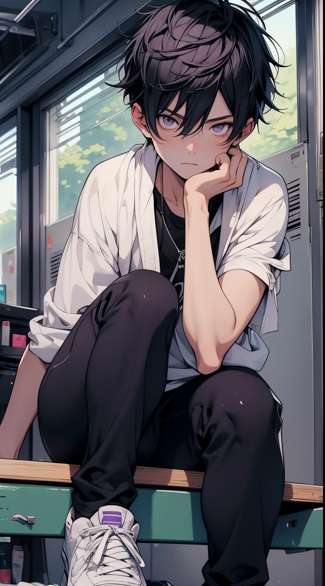 Naked,masutepiece, Highest image quality, Highest Quality, Clear line drawing, Transparent watercolor, Clear shading, Beautiful young man, Dark hair, Purple eyes, Short hair, toppless, Black pants, Wipe your hair with a towel, Locker Room, sitting in a bench, Athletic Shoes, Front composition, low angles, Handsome man,High quality, amount of drawing, pixiv illustration