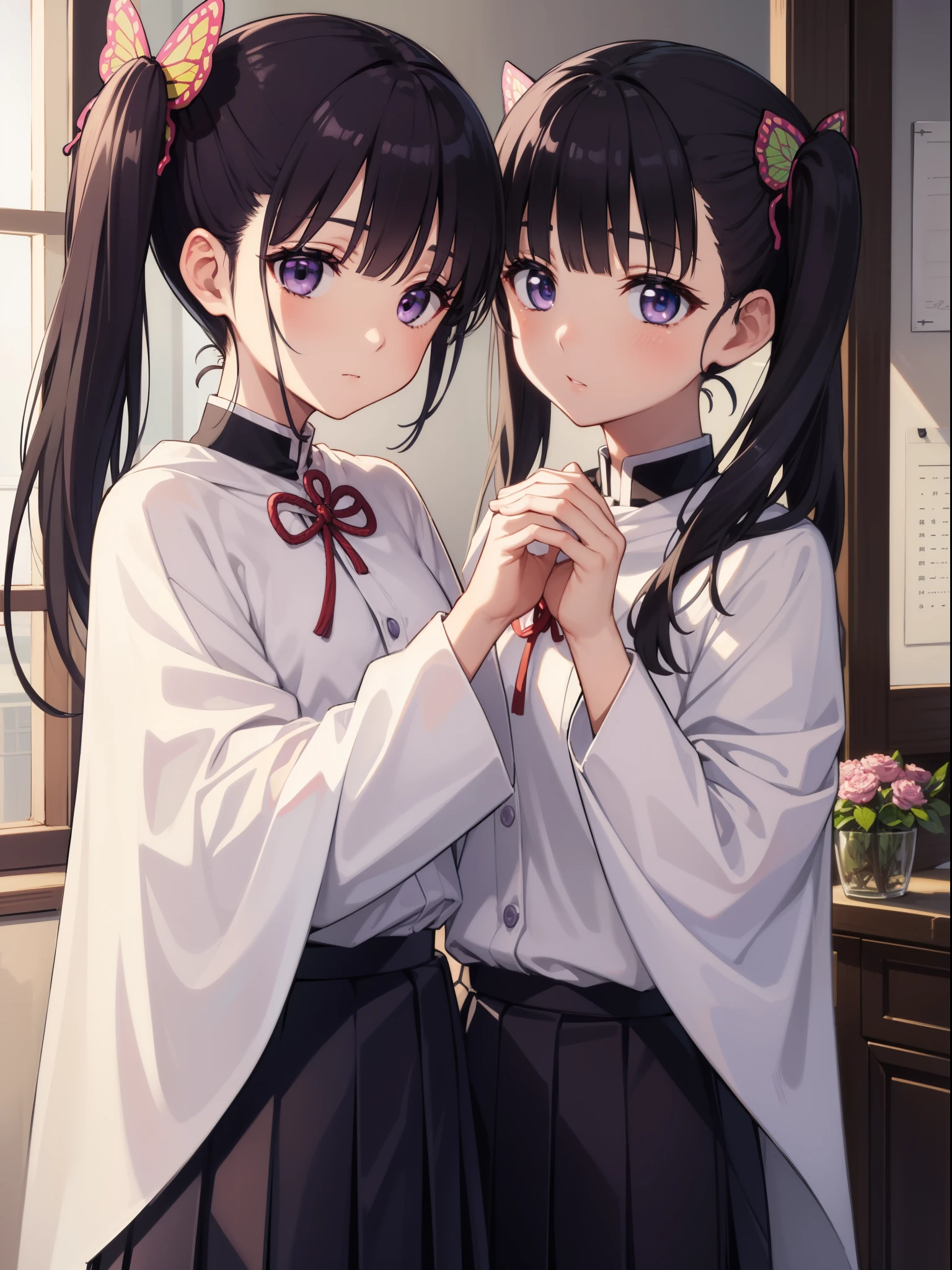 Kanaotsu Yuri, Kanao Tsuyuri, Black hair, butterfly, butterfly hair ornament, (Purple eyes:1.1), Side Ponytail, Ponytail,
Blake Black Skirt, Cape, demon slayer uniform, Long sleeves, Pleated skirt, Skirt, white cape,
BREAK looking at viewer,
Break indoors, crass room,
BREAK (masutepiece:1.2), Best Quality, High resolution, Unity 8k壁纸, (Illustration:0.8), (Beautiful detailed eyes:1.6), extra detailed face, Perfect Lighting, extremely details CG, (Perfect hands, Perfect Anatomy),