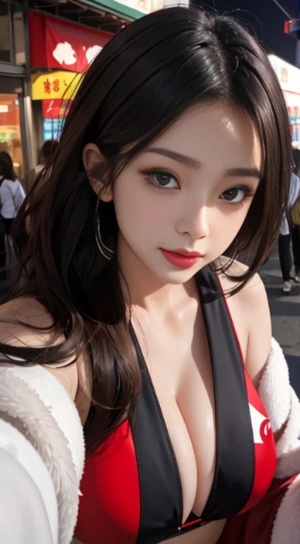 tmasterpiece++, Official++, Everything is complicated,Amazing Cleavage , seduct smile,Be red in the face,huge boob,((oilly skin, Glossy glossy skin, Reflective skin)),(Aesthetics and inviting atmosphere:1.2),BREAK BREAK BREAK,Takamatsu_You Sheng_bondremizmigo,short_the hair, Brown_The eye, Black_the hair,half closed eye,nudity flashing,huge boob,Long winter coat,red bikinis,Outdoor activities,城市,the street,people,crowd of ,mouth mask,cow boy shot,