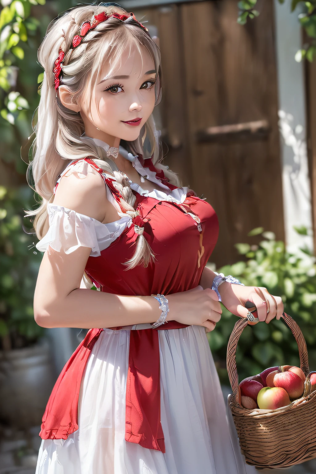 Cute girl, village girl, long white hair, blue eyes, basket with vegetables and bread, skirt, big breasts, bare shoulders, bare chest
