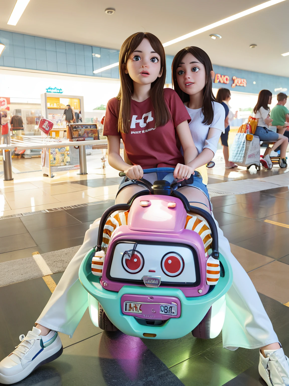 Two girls sitting in a toy car in a shopping center