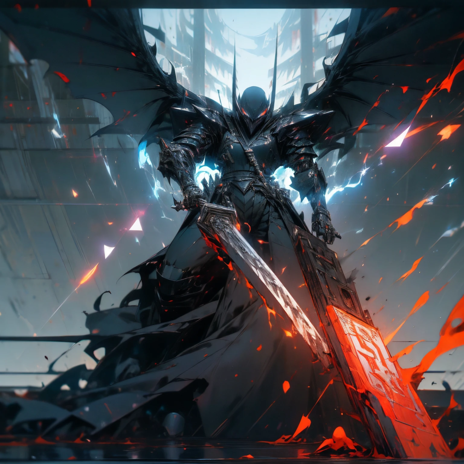 (masterpiece, best quality:1.3),extremely high detailed, intricate, 8k, HDR, wallpaper, cinematic lighting, (universe),(shooting position), glowing, armor, glowing eyes, large black wings, Male, death presence, light guardian, sword on waist, bloodstained armor, wskull mask, destoryed battlefield setting