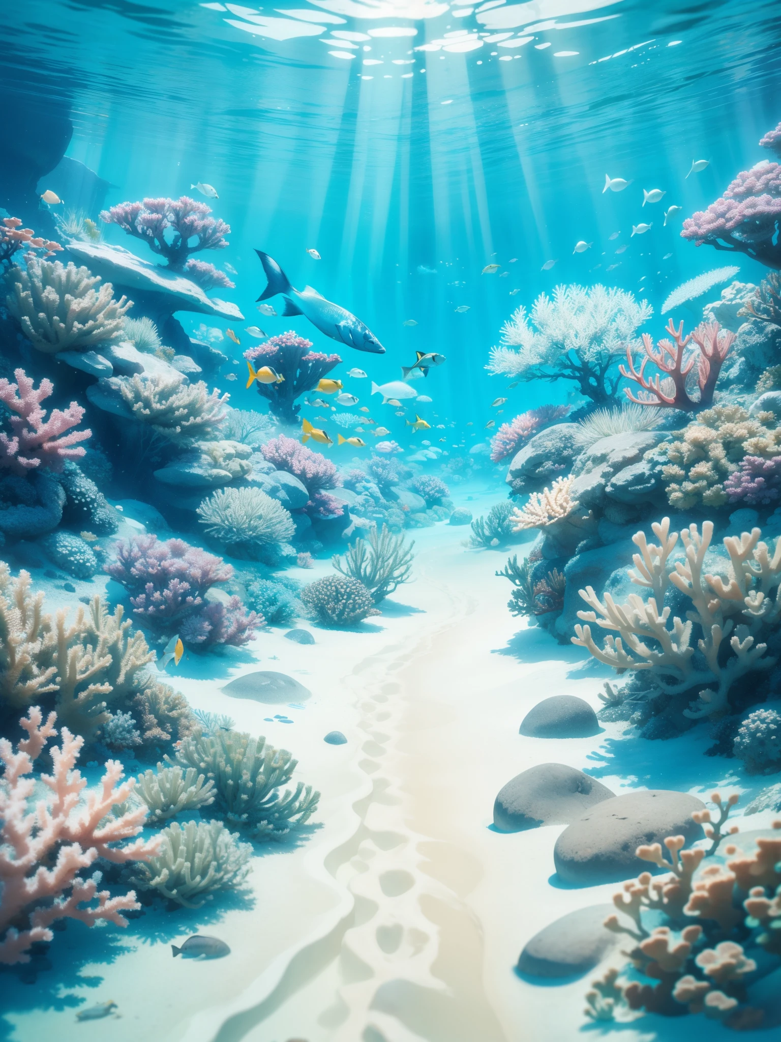 Scene picture of fish appearing on the screen,There is a road paved with white sand，Warm，dreamlike realism, watercolor painting underwater, Underwater scenery, hand painted cartoon art style, masterpieceunderwater scene, few coral reefs, few stones，8K high-definition, underwater landscape