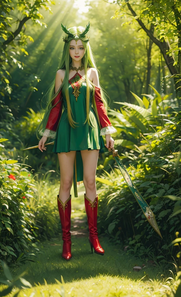 green long hair,Nice face,Red clothing,diadems,Heterochromatic pupil,ssmile,rays of sunshine,Full body photo,the soft light,Stood up,Fantasy Forest
