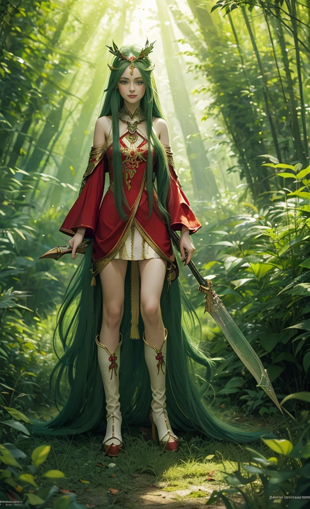 green long hair,Nice face,Red clothing,diadems,Heterochromatic pupil,ssmile,rays of sunshine,Full body photo,the soft light,Stood up,Fantasy Forest