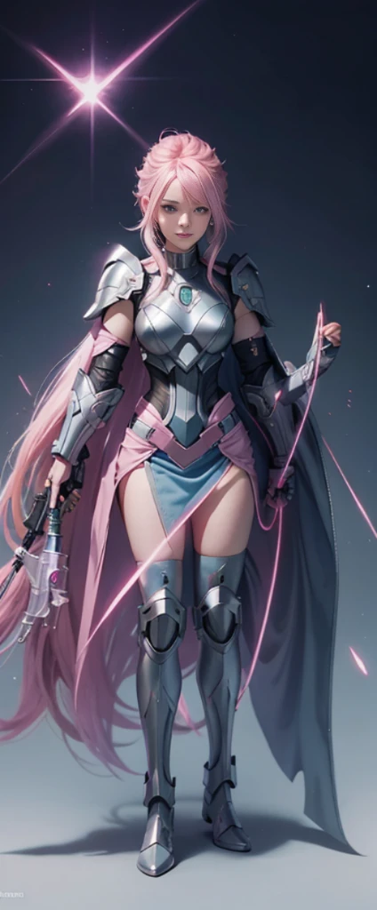 with pink hair，Nice face，blue military armor，Heterochromatic pupil，ssmile，rays of sunshine，Full body photo，the soft light，The stands up，Full body lesbian，High Picture Quality，16K quality