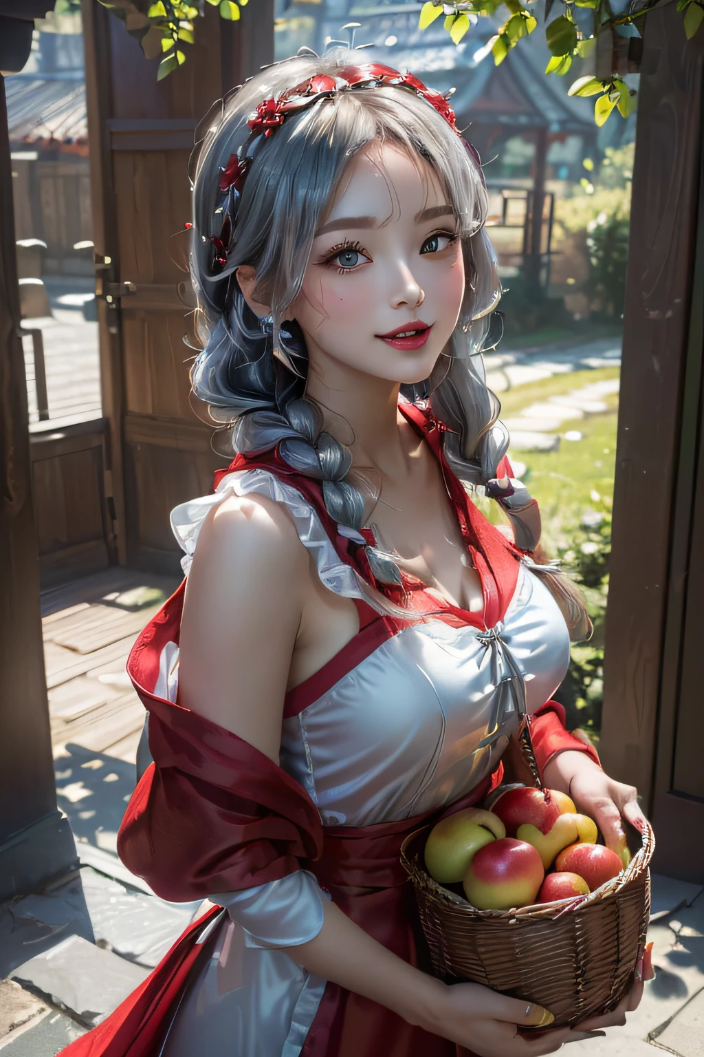 (。.3D:1.3),(Fantasy style costumes),(Grimm fairy tale world),(Rothkappchen,Little Red Riding Hood,red riding hood:1.3),(farmhouse entrance:1.3),(Wearing a red hood:1.3),(((Red Tunic:1.3))),(((apples and bread in the basket),Cute and beautiful girl,Cute round face,Cute smile,with blush cheeks,Red Lip,(silver white hair,Floral braided headband,half up、Floral Braided Space Van,Voluminous Fishtail Braids,Twisted chignon,),(Bangs are see-through bangs),hair pin,hair adornments,detailed clothes features,Detailed hair features,detailed facial features,(Dynamic angles),(Dynamic and sexy poses),clothes that emphasize big breasts,Cinematic Light,(masutepiece,top-quality,Ultra-high resolution output image,depth of fields,intricate detailes,Make the subject look three-dimensional with the contrast of light and shadow,) ,(The 8k quality,Anatomically accurate facial structure,),(Sea Art 2 Mode:1.3),(Image Mode Ultra HD,)