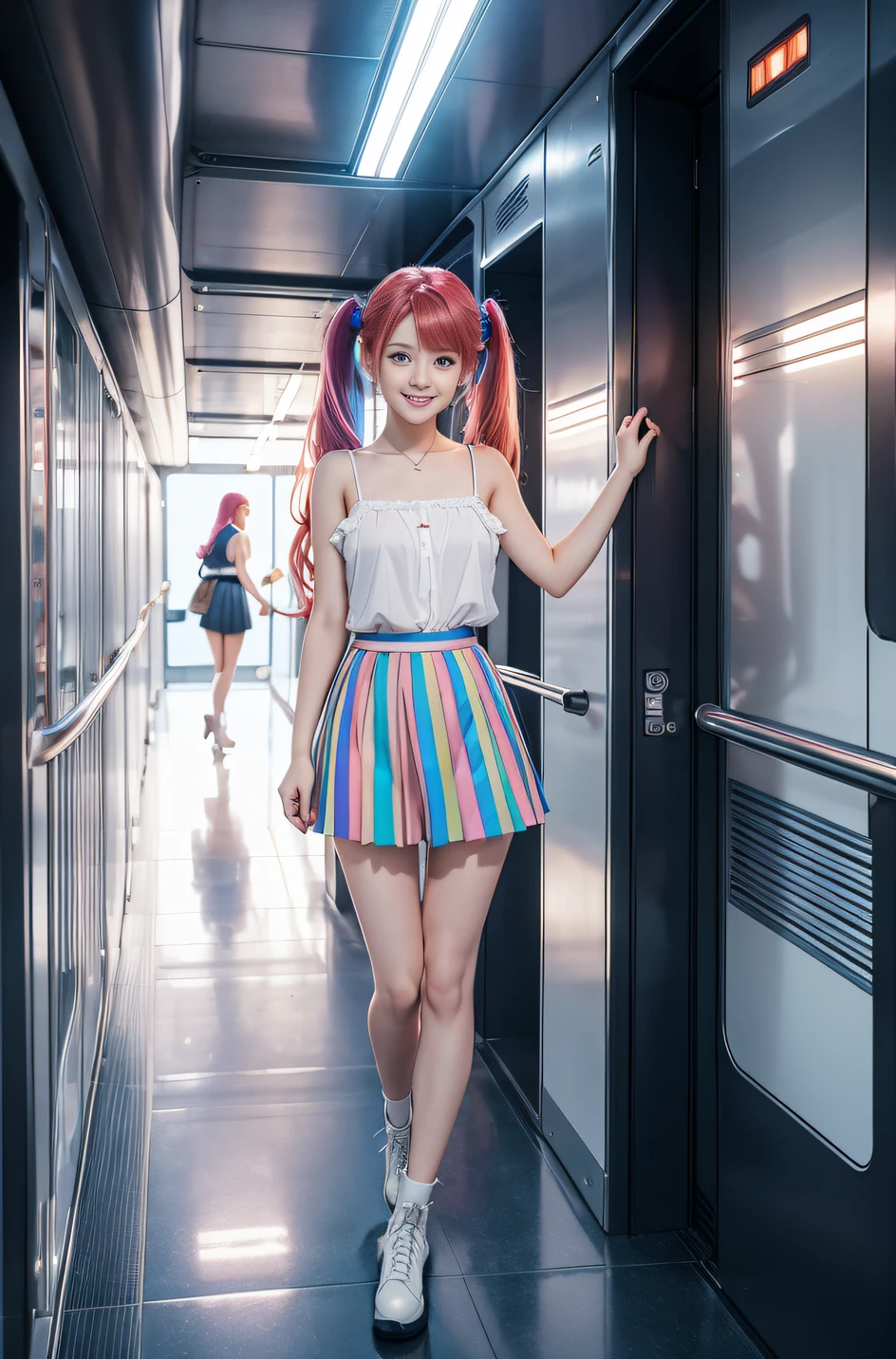 cute redhead with rainbow colored hair tips, ribbons in her hair, 18-year-old woman, happy, smiling, in twin tails, perfect symmetrical eyes, clear sparkling blue eyes, pale skin, silky smooth skin, standing on a fancy metal luxurious space ship, futuristic corridor, dark warm lighting, wearing a chemise over tank top and a pleated silk mini skirt (pastel colors and stripes), wearing full body pantyhose, cute short cut booties.