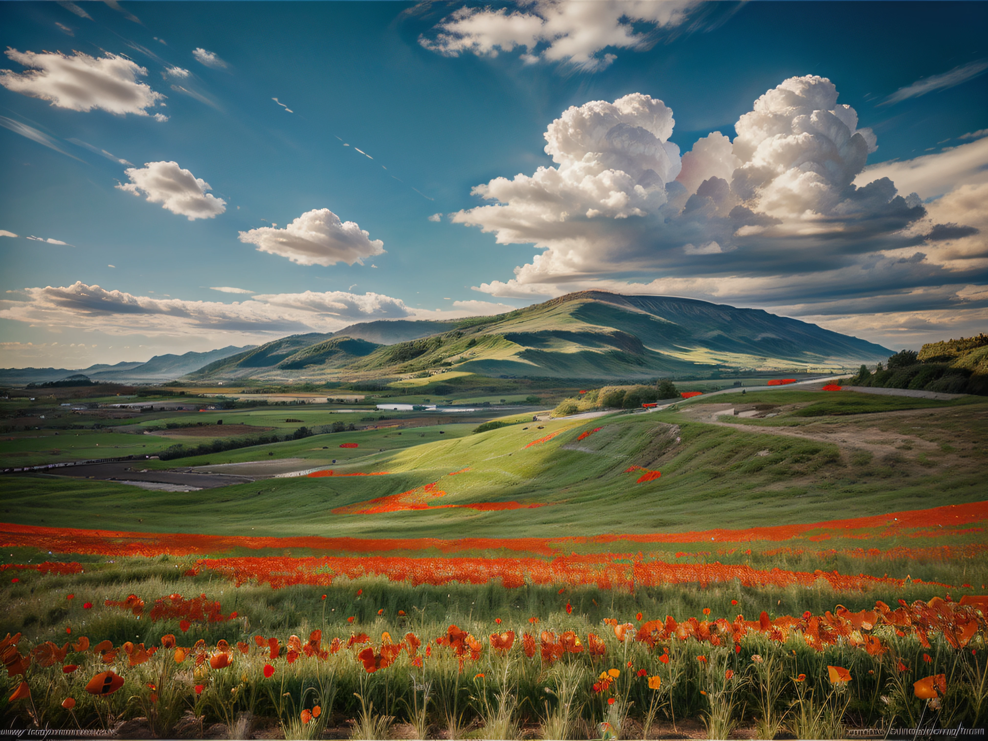 oil painting, Beautiful nature, (field of poppies) Beautiful sky,