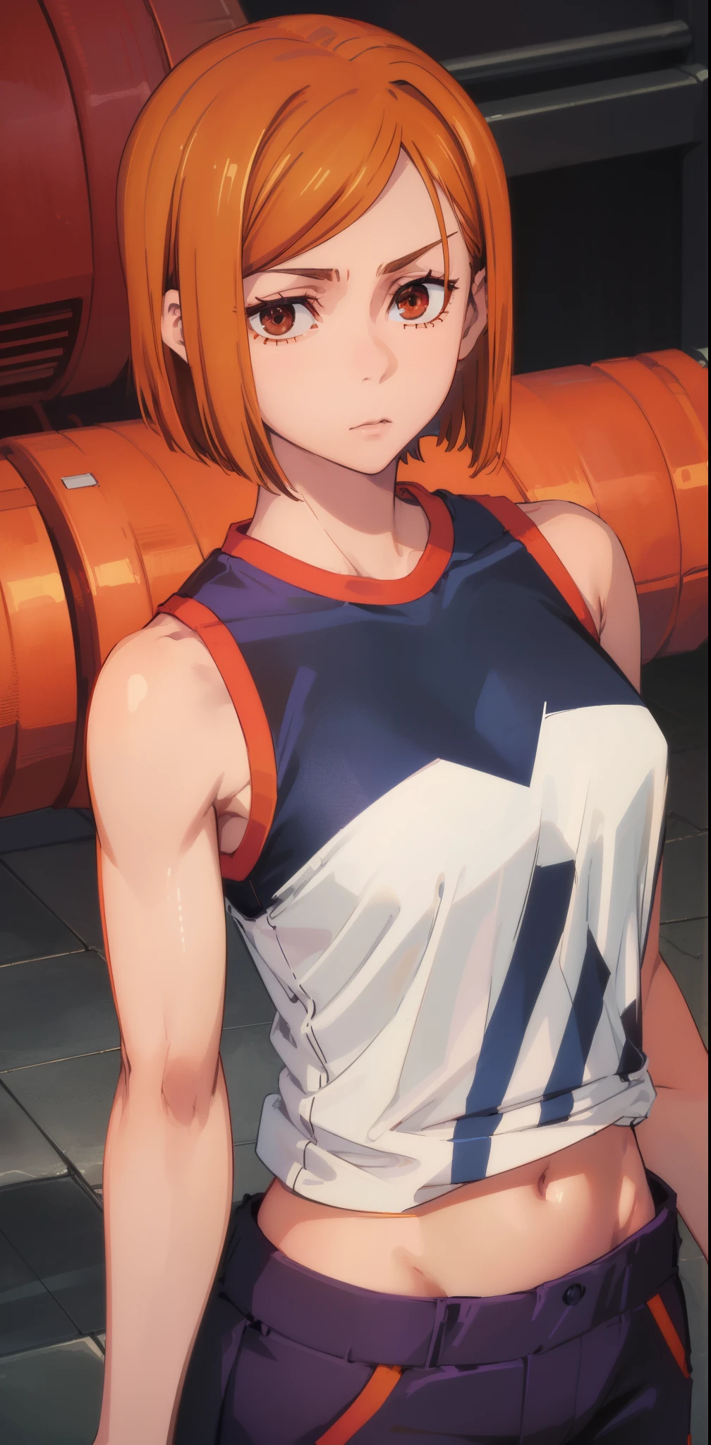(masterpiece), (best quality), (ultra-detailed), (best illustration), (best shadow), (absurdres), (((brown eyes))), nobarakugisakinova, short hair, orange hair, kugisaki nobara, ((pants, team shirt, short sleeveless)), 1girl, solo, bangs, closed mouth, upper body, (slim, defined musculature), looking at viewer,