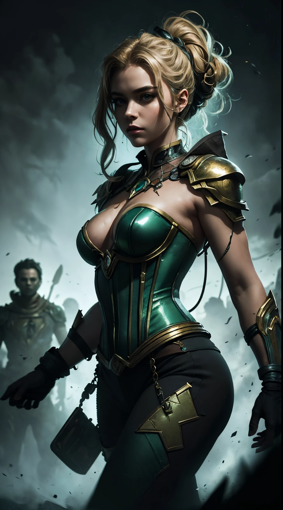 marvel enchantress Amora woman, green corset, full face helmet, Ultra detailed illustration painting of a luminous and enchanting bad girl Enchantress from marvel, human-like creature with blonde hair, dynamic pose, anime style, dimly lit dark fantasy realm environment, mid shot, rule of thirds depth of field intricate details, concept art, subtle colors, fantastical realm, extremely detailed, ultra sharp focus, light particles, attention to detail, grandeur and awe, cinematic, stunning visual masterpiece, double exposure, 8k, photorealistic, strong outlines, cinematographic scene, depicting her in a heroic pose with glimpses of her past and future in the background