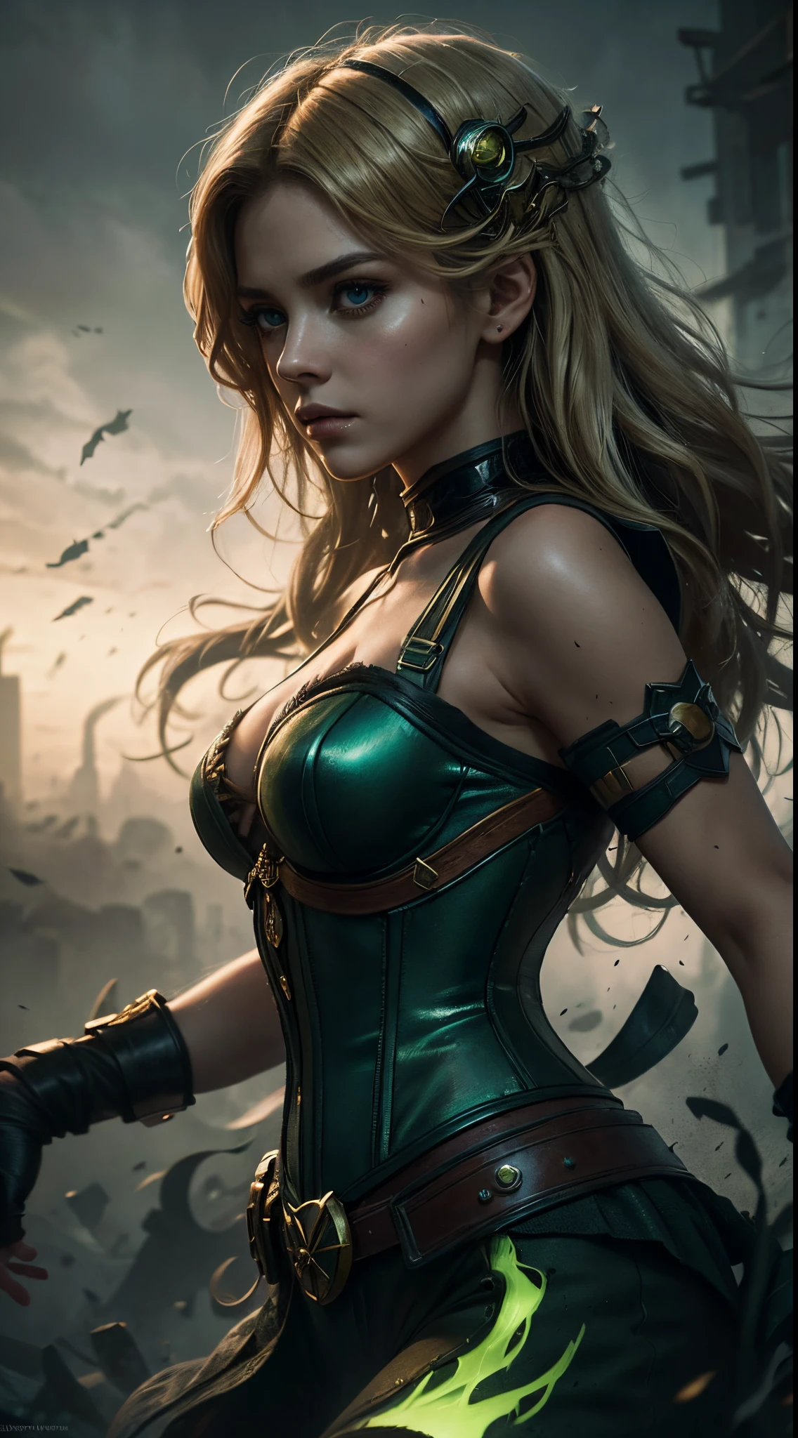 marvel  enchantress Amora woman, green corset, full face helmet,  Ultra detailed illustration painting of a luminous and enchanting bad girl Enchantress from marvel, human-like creature with blonde hair, dynamic pose, anime style, dimly lit dark fantasy realm environment, mid shot, rule of thirds depth of field intricate details, concept art, subtle colors, fantastical realm, extremely detailed, ultra sharp focus, light particles, attention to detail, grandeur and awe, cinematic, stunning visual masterpiece, double exposure, 8k, photorealistic, strong outlines, cinematographic scene, depicting her in a heroic pose with glimpses of her past and future in the background