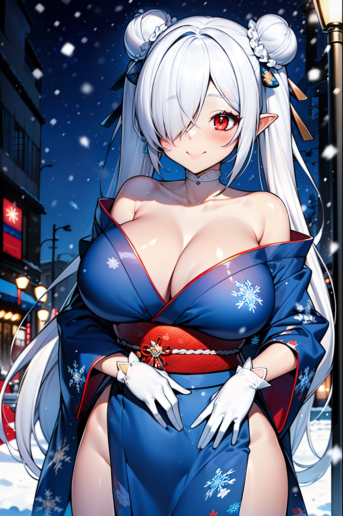 masterpiece, best quality, extremely detailed, 1girl, solo, anachirox, (huge breasts:1.1), (((white hair, twintails, very long hair, hair over one eye, bun, red eyes, slit pupils))), (((collarbone, blue kimono, print kimono, snowflakes print, white gloves))), ((blush, naughty smile), closed mouth), ((hands on own hips, streetlight, winter, snowing))