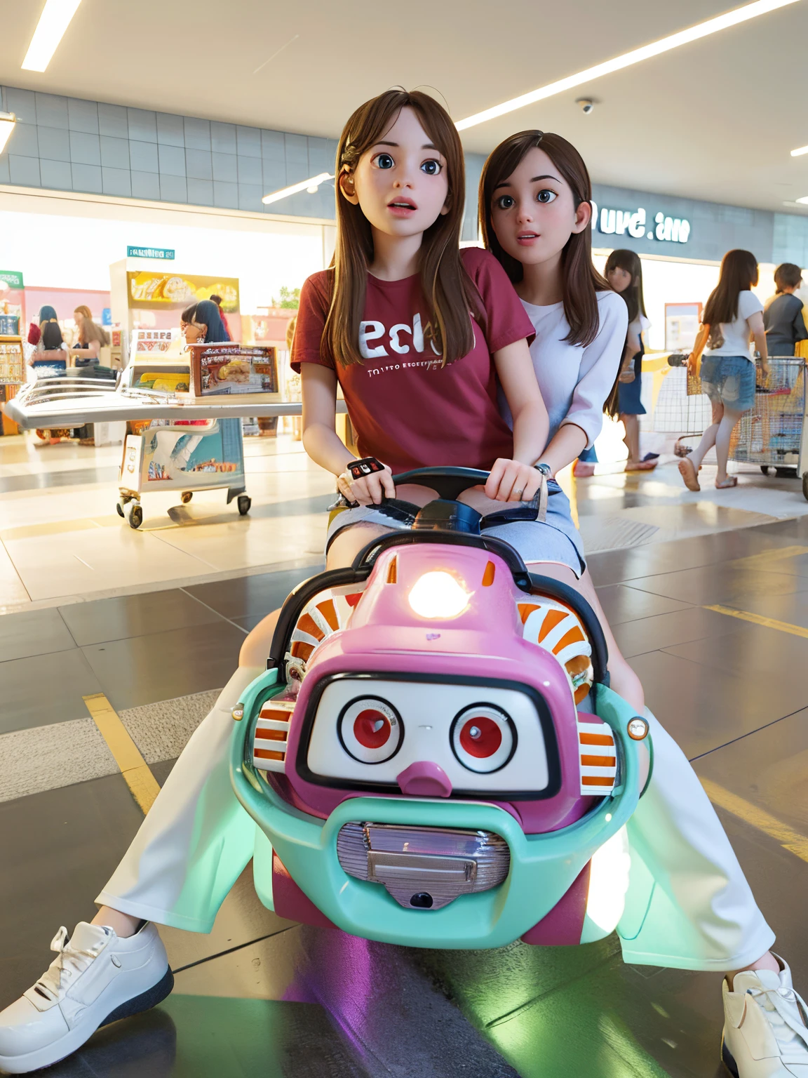Two girls sitting in a toy car in a shopping center