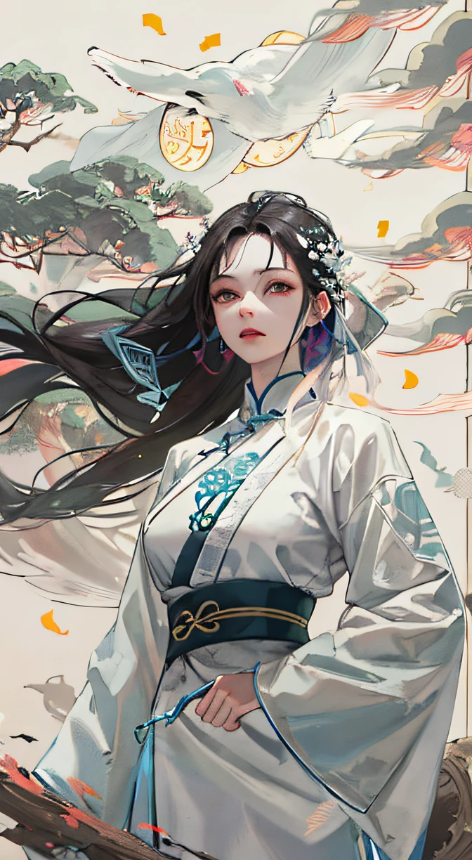 Extreme closeup, Epic ink bending shot, first person perspective, , Alone, Ancient Chinese dark-eyed girl,face to the viewer,There is a white fox behind,This girl has sharp eyes,Long hair flowing behind her,Wearing an embroidered cheongsam,Taoist hand gestures,Contrast color development,Wearing white embroidered gauze,ancient wind,Works of art masters,ultra HD picture quality,Taoist culture,