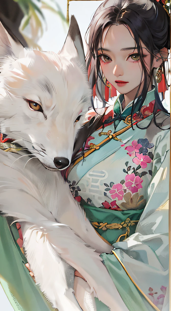 Extreme closeup, Epic ink bending shot, first person perspective, , Alone, Ancient Chinese dark-eyed girl,face to the viewer,There is a white fox behind,This girl has sharp eyes,Long hair flowing behind her,Wearing an embroidered cheongsam,Taoist hand gestures,Contrast color development,Wearing white embroidered gauze,ancient wind