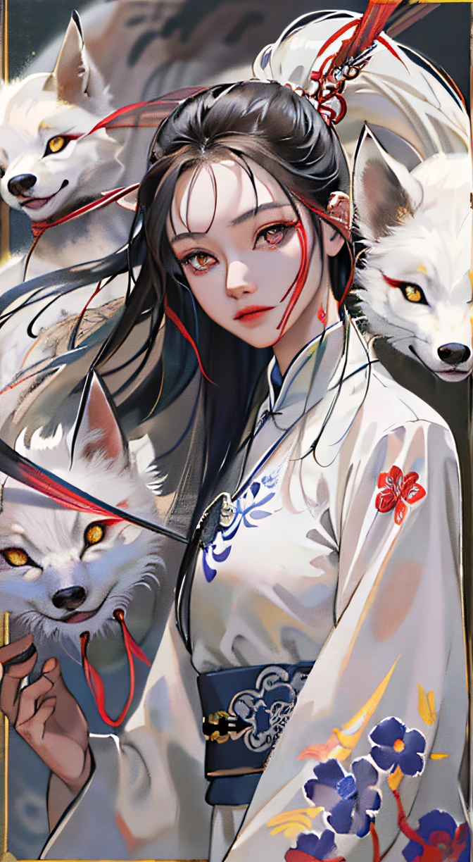 Extreme closeup, Epic ink bending shot, first person perspective, , Alone, Ancient Chinese dark-eyed girl,face to the viewer,There is a white fox behind,This girl has sharp eyes,Long hair flowing behind her,Wearing an embroidered cheongsam,Taoist hand gestures,Contrast color development,Wearing white embroidered gauze,ancient wind