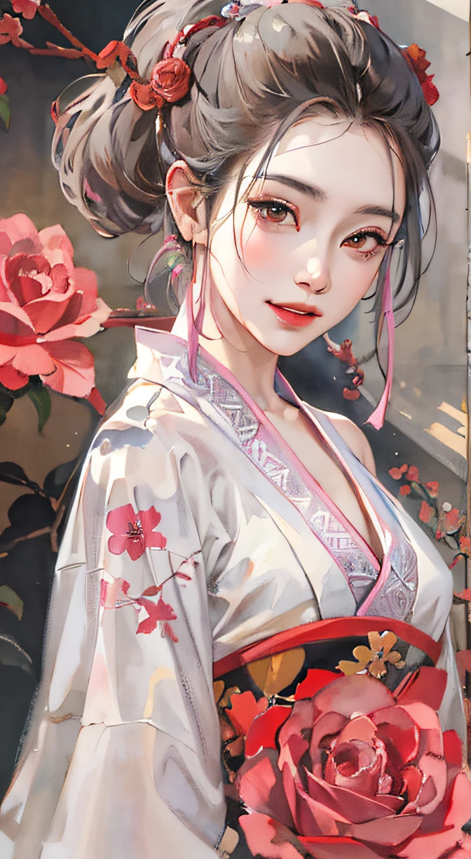 (tmasterpiece:1.2,Best quality at best),(The face is very delicate,Real pictures,Realistic skin,photorealistic body,Complicated details),独奏,1 milf,Casual,ukiyoe painting,cropped shoulders,(aquarelle:1.3),花魁,Ancient beauty,red rose,Extremely beautiful,look back and smile