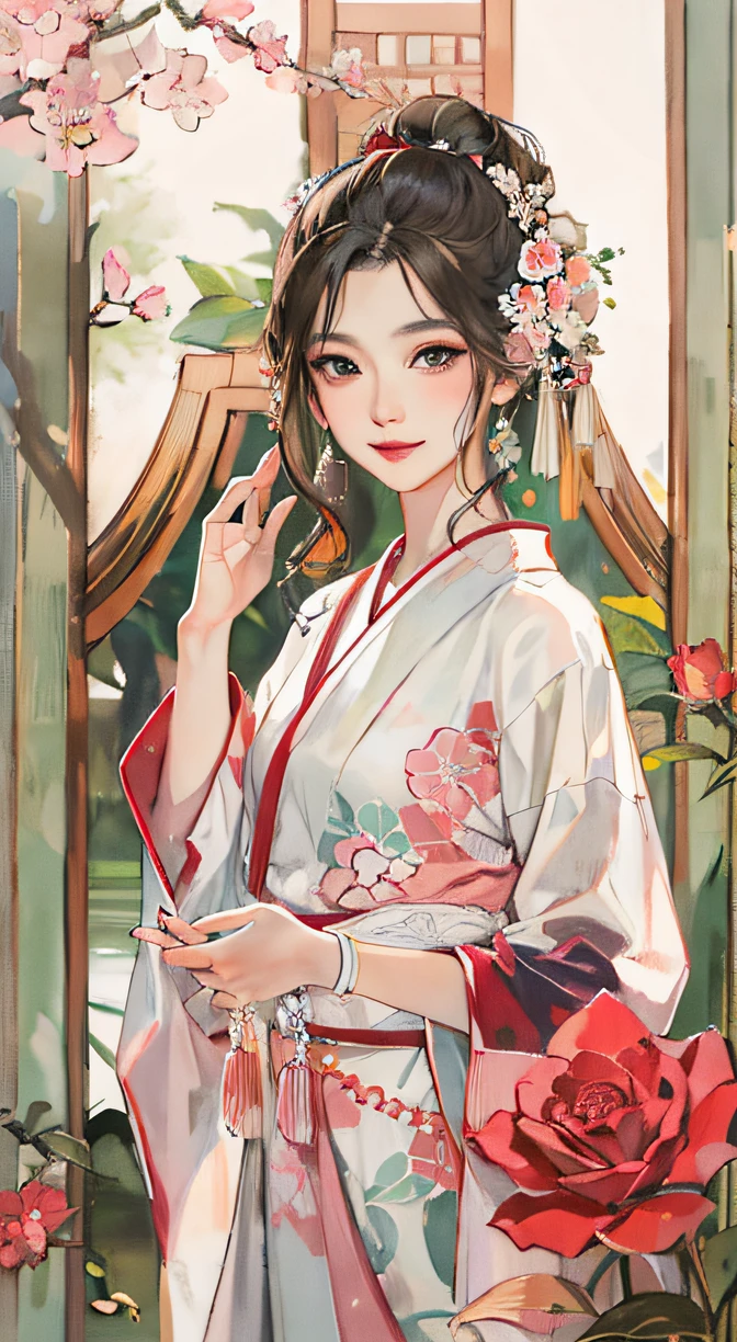 （tmasterpiece：1.2，Best quality at best），（The face is very delicate，Real pictures，Realistic skin，photorealistic body，Complicated details），独奏，1 milf，Casual，ukiyoe painting，cropped shoulders，（aquarelle：1.3），花魁，Ancient beauty，red rose，Extremely beautiful，look back and smile