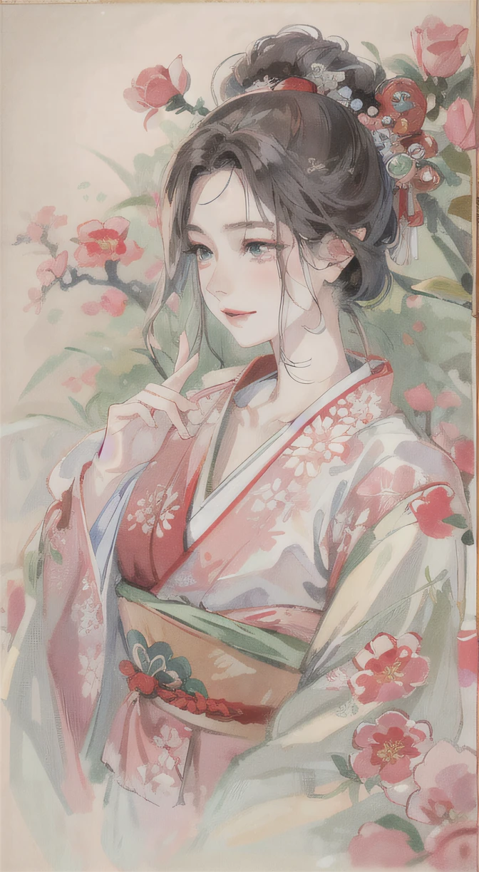 tmasterpiece：1.2，Best quality at best），（The face is very delicate，Real pictures，Realistic skin，photorealistic body，Complicated details），独奏，1 milf，Casual，ukiyoe painting，cropped shoulders，（aquarelle：1.3），花魁，Ancient beauty，red rose，Extremely beautiful，look back and smile，Wearing white embroidered gauze，ancient wind，Works of art masters，ultra HD picture quality