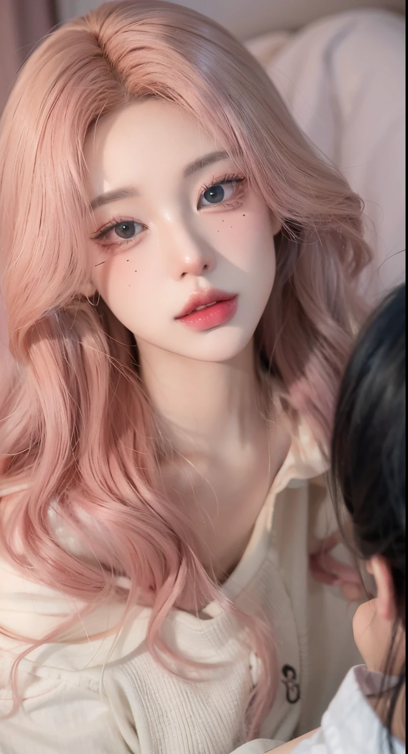 Anime girl with pink hair and pink lips looking at herself., Retrato realista kawaii, inspirado por Yanjun Cheng, Obras de arte al estilo de Guweiz, cabello rosado que fluye, realismo artstyle, realistic artistic style, Tendencias en CGVatstation, Estilo de realismo de anime, inspirado por Sim Sa-jeong, Estilo realista de anime 3D, Pintura de estilo pastel, Pintura realista de chica linda