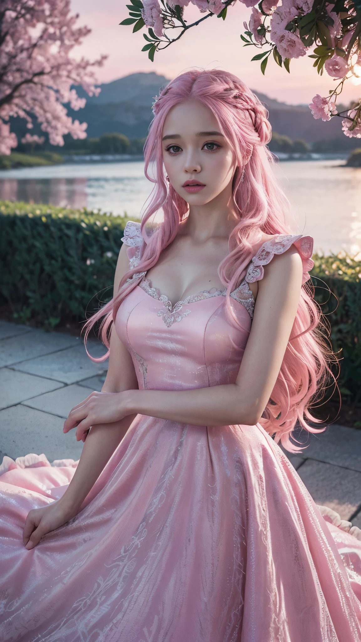 HDR 10, beautiful girl, detailed eyes, detailed lips, very long hair, pink hair, ultra detailed texture, water drops, outdoors, game of thrones, pink heavy dress, (high detailed pink dress:1.5), lace, loops, soft lighting, attractive poses,
