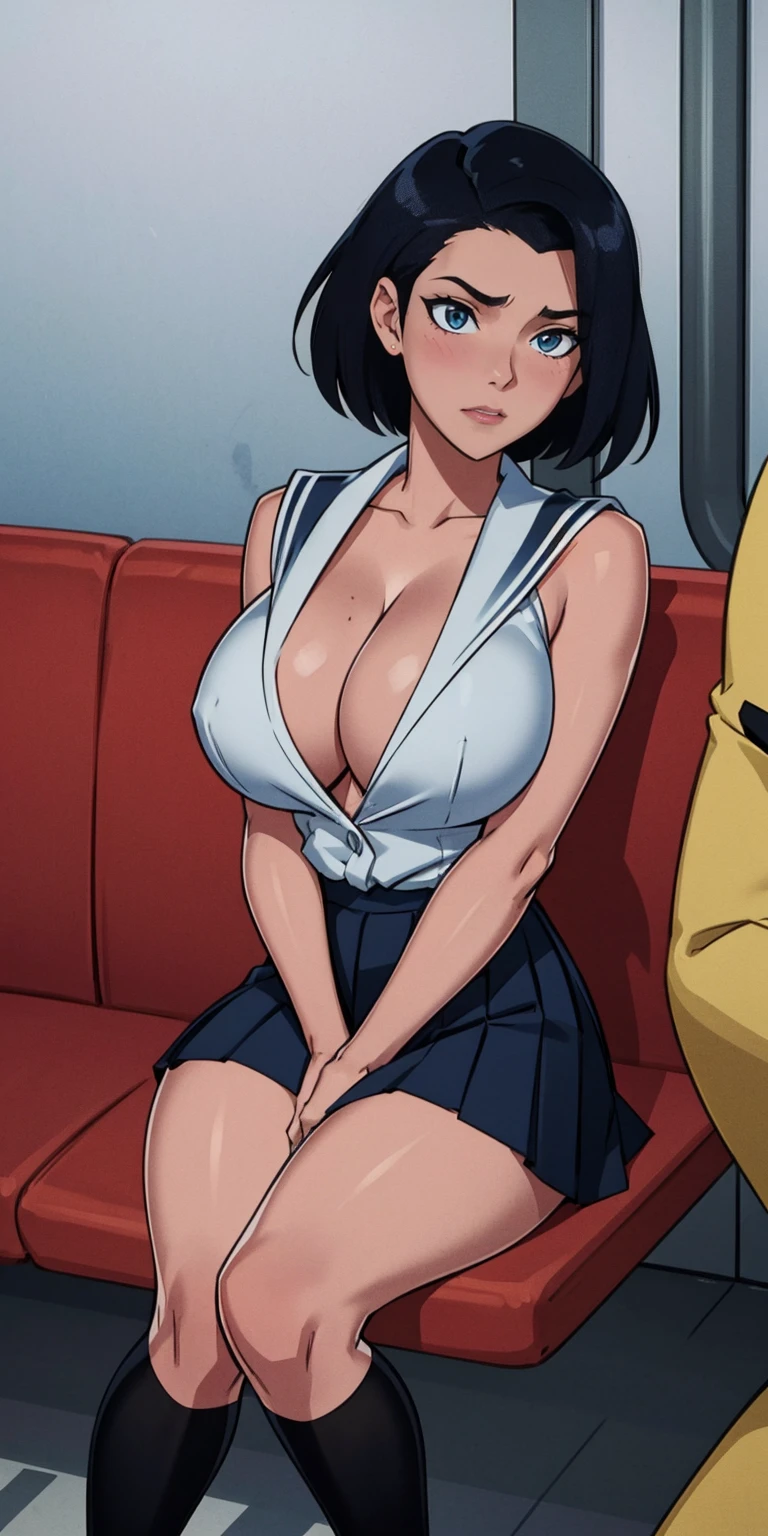 A age girl、(masterpiece:1.4)、(in 8K、realisitic、Raw photo、top-quality:1.4)、(Real Face:1.4)、(real looking skin:1.3)、超A high resolution、A hyper-realistic、Eyes in Beautiful Details、black hair shorthair、a sailor suit、no-bra、Short pleated skirt、high detailing、(huge-breasted:1.5)、cleavage of the breast、Blushing、Embarrassed look、gargantilha、On the train、Sit on the seat with your crotch spread
