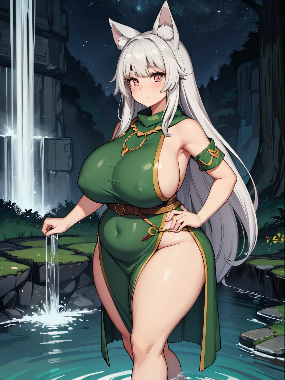 1girl, long wild silver hair, bright pink eyes, wolf ears only, wearing green nature themed druid dress, druid, dungeons and dragons, fantasy, leather armor, supply pouches, body is thick, chubby, chunky, fat, bbw, voluptuous, stomach, tummy, wide hips, thick thighs, large ass, standing on pond, enchanted forest, waterfall, night time, dark, moonlit, looking at viewer