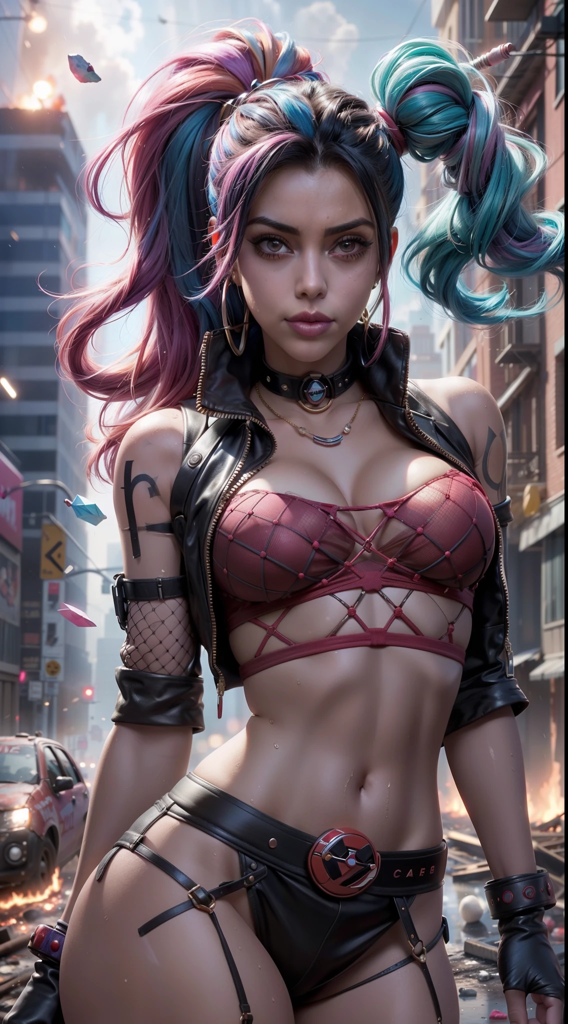 Kim Kardashian dressed in a red and white outfit holding a candy cane, (Harley Quinn), [ tendencias en CGSociety ]!!, de Harley Quinn, Modelo IG | Artgerm, Tendencias en ArtStation HD, tendencias en Artstation.', tendencias en CGSociety, CGsociety inspirado, tendencias en CGSociety, Tendencias en ArtStation 4K, (Kim Kardashian como Harley Quinn),More detailed 8K.motor irreal:1.4,UHD,La mejor calidad:1.4, fotorrealista:1.4, textura de la piel:1.4, obra maestra:1.8,obra-prima, mejor calidad,objeto Objeto], (detailed face features:1.3),((Las proporciones correctas)),convexo，(Dedos de camello)，(fishnet:1.4),(Ojos hermosos azules),(panties lingerie ),(fondo ciudad destruida futurista colors:1.4) ,(nublado lluvia cayendo gotas agua:1.4),(cabello azul+rosado estilo Harley Quinn:1.2),(city apocalyptic destroyed fire burning smoke black:1.4)