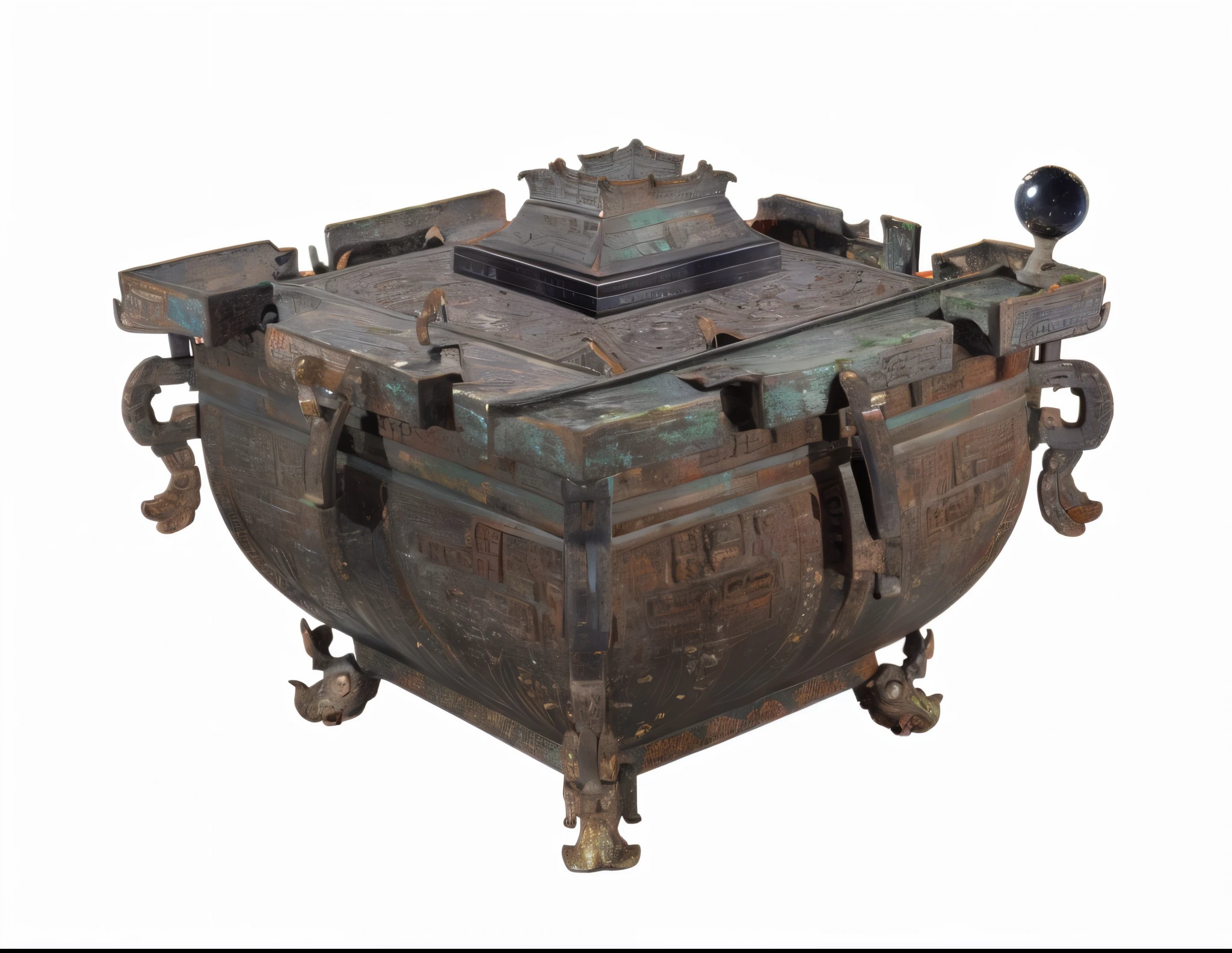 There is a big metal box,There is a handle on it, gujian, Reliquary, author:Ghana tour, banal object on a pedestal, baroque style objects, ancient chinese ornate, Magnificent Holy Grail Reversed, museum artifact, pans, braziers, made of intricate metal and wood, vat, triumphant, An ancient, very gorgeous,UHD, ccurate, masterpiece, high details, high quality, best quality
