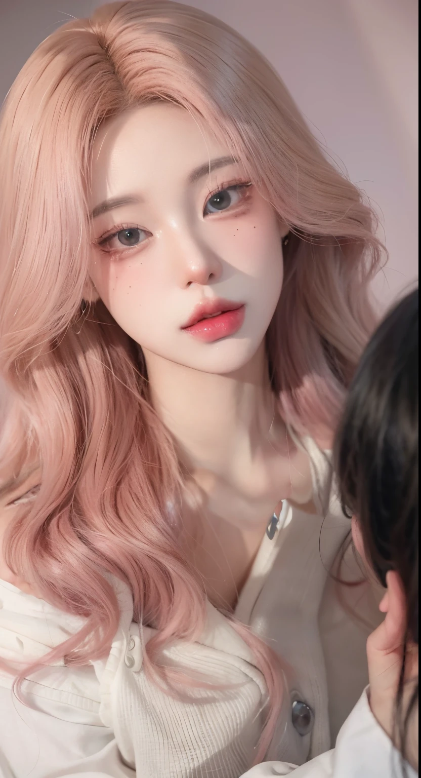 Anime girl with pink hair and pink lips looking at herself., Retrato realista kawaii, inspirado por Yanjun Cheng, Obras de arte al estilo de Guweiz, cabello rosado que fluye, realismo artstyle, realistic artistic style, Tendencias en CGVatstation, Estilo de realismo de anime, inspirado por Sim Sa-jeong, Estilo realista de anime 3D, Pintura de estilo pastel, Pintura realista de chica linda