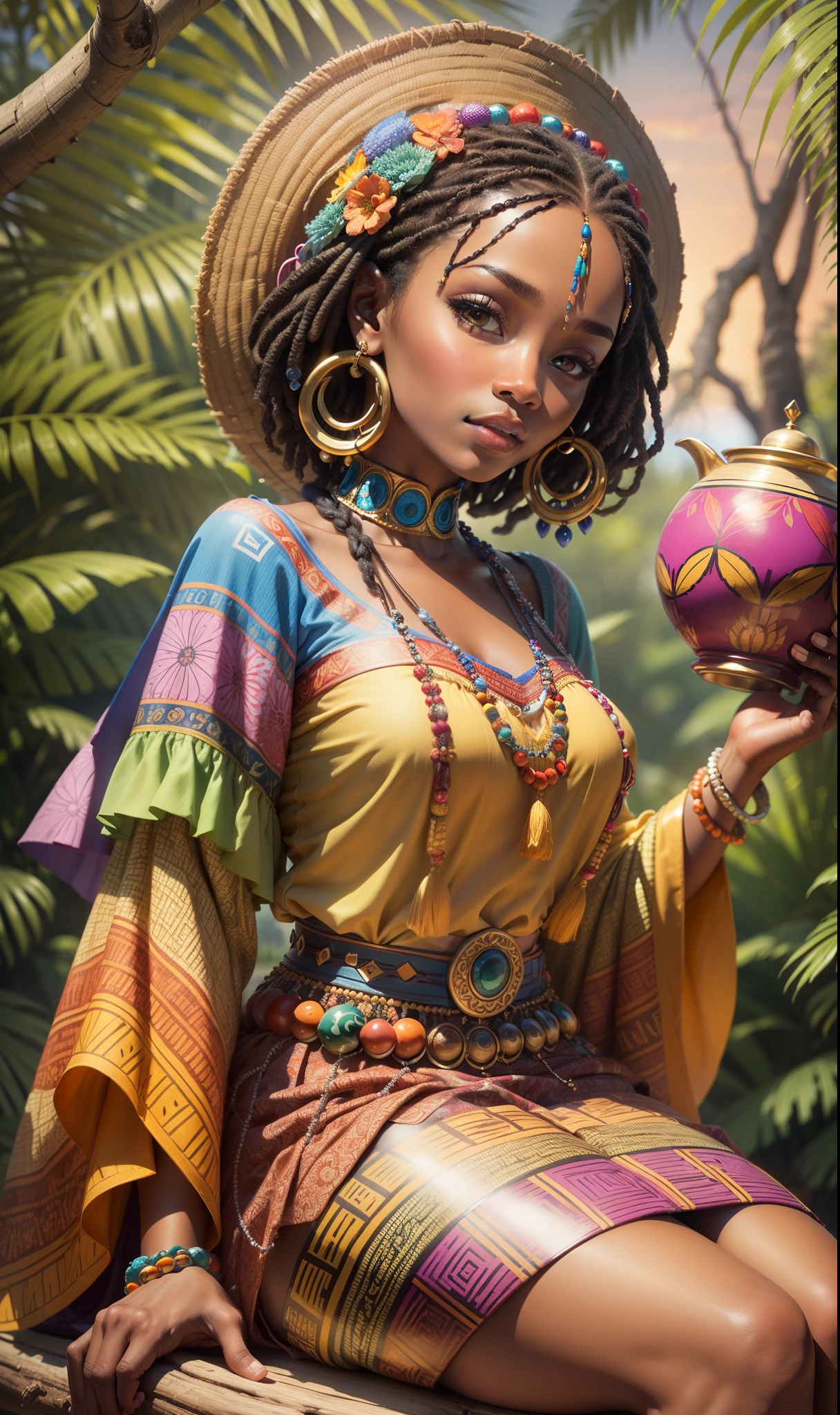 Let your imagination run wild with this creative prompt featuring an African woman sitting on a tree branch looking at the sunset. Her traditional and blouse are adorned with unique patterns and colorful beads, while she holds a beautifully designed pot on her lap. The hyper-realistic rendering will transport you to a world of vibrant colors and rich culture. --auto --s2