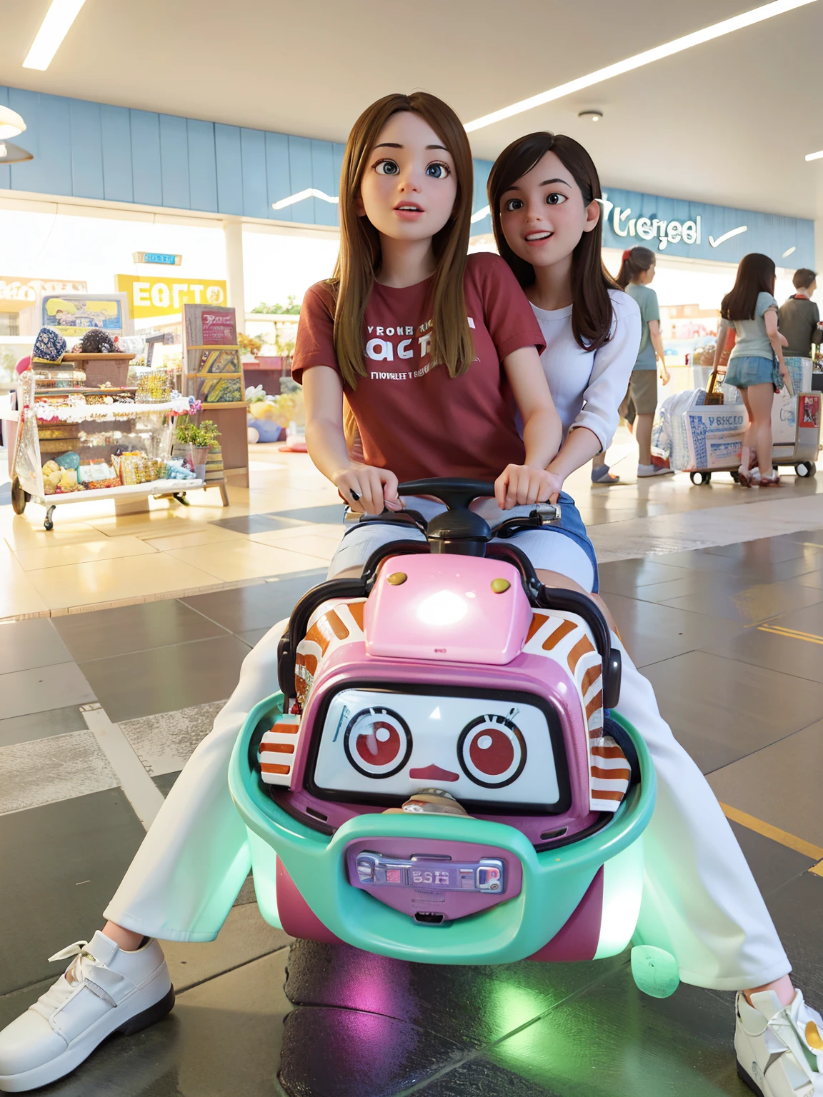 Two girls sitting in a toy car in a shopping center