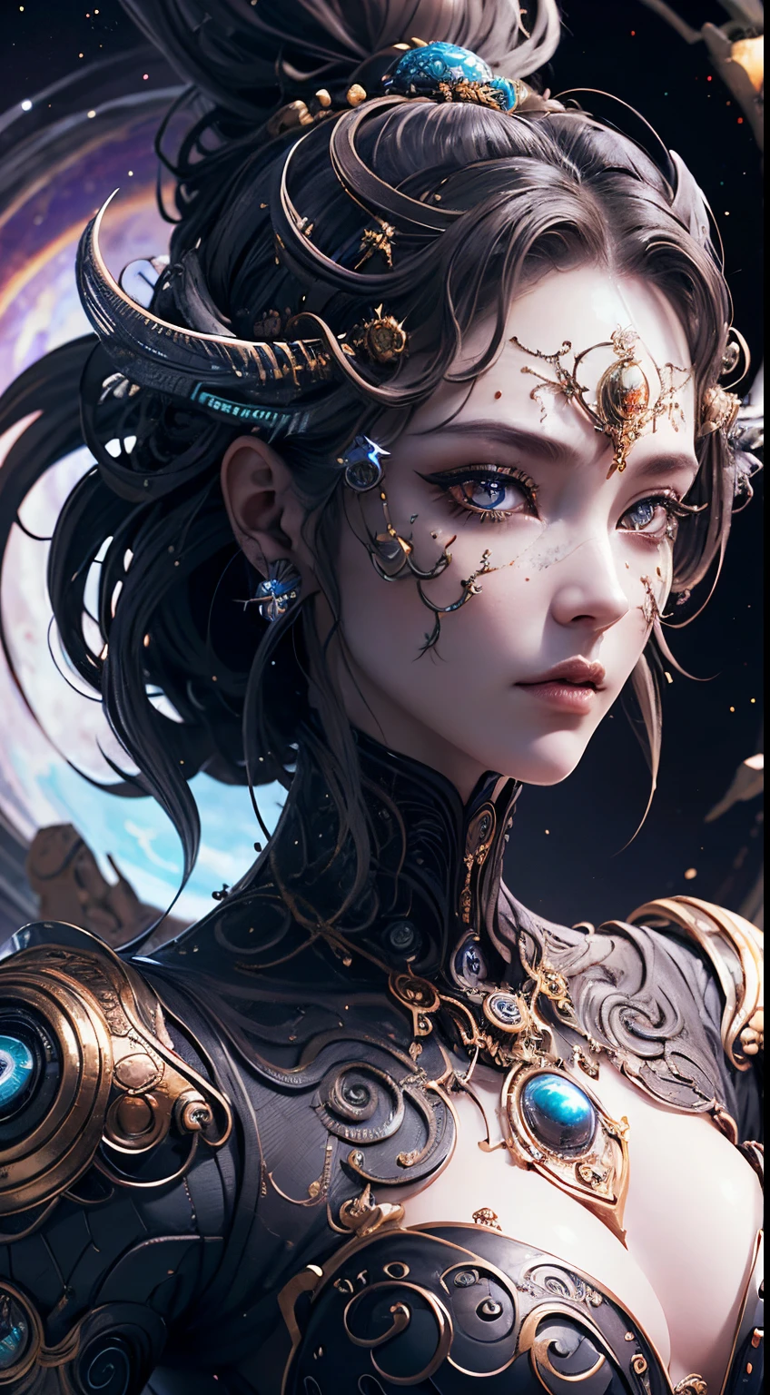 (best qualtiy,ultra - detailed,best best illustration,The best shadow,tmasterpiece,hight resolution,professionalartwork,famousartwork),A detailed eye,beautidful eyes,Close-up cleavage,sci-fy,colored sclera,Robotic eyes,face markings,Tattoos,(fractalized,Fractal Eye),largeeyes,largeeyes,(Eye focus),surface focus,the eye of the universe,Spaceeye,Close up of metal sculpture of woman with moon in hair,Welcoming。extremely high detail,3D Goddess Portrait,Goddess is very detailed,a stunning portrait of a goddess,Goddess profile avatar,portrait of a beautiful goddess,Goddess full body close-up,goddess hecate,portrait of a norse moon goddess,goddess of space and time