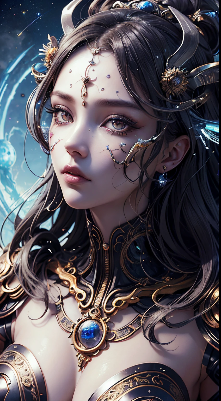 (best qualtiy,ultra - detailed,best best illustration,The best shadow,tmasterpiece,hight resolution,professionalartwork,famousartwork),A detailed eye,beautidful eyes,Close-up cleavage,sci-fy,colored sclera,Robotic eyes,face markings,Tattoos,(fractalized,Fractal Eye),largeeyes,largeeyes,(Eye focus),surface focus,the eye of the universe,Spaceeye,Close up of metal sculpture of woman with moon in hair,Welcoming。extremely high detail,3D Goddess Portrait,Goddess is very detailed,a stunning portrait of a goddess,Goddess profile avatar,portrait of a beautiful goddess,Goddess full body close-up,goddess hecate,portrait of a norse moon goddess,goddess of space and time