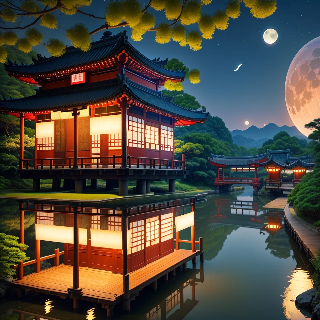 Beautiful view of Gangnam,Pavilion beside bamboo forest,Boat with umbrella,The moon shines on the ancient bridge,The cowherd and the weaver girl stand opposite each other,Reflection on the surface of the lake