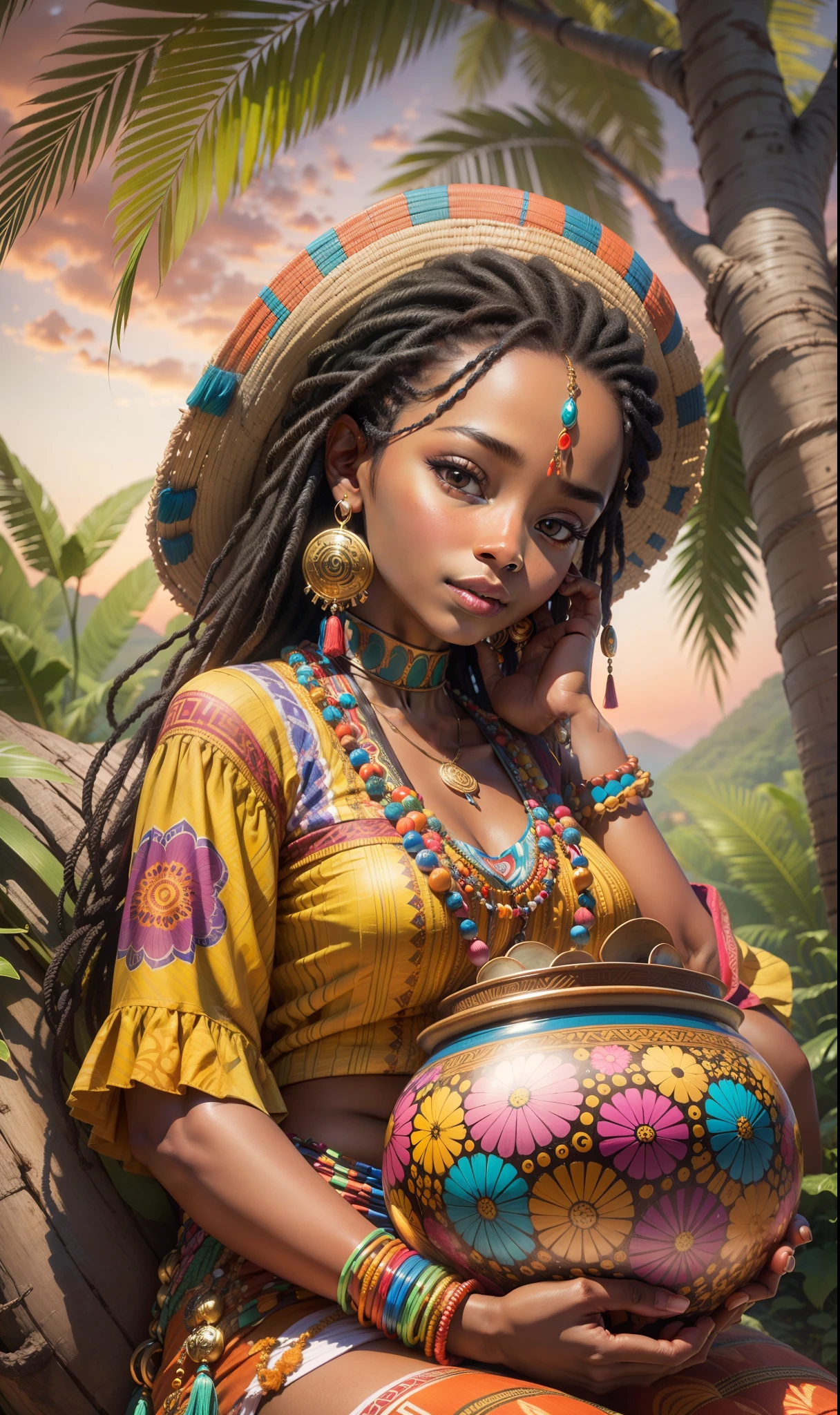Let your imagination run wild with this creative prompt featuring an African woman sitting on a tree branch looking at the sunset. Her traditional mini-skirt and blouse are adorned with unique patterns and colorful beads, while she holds a beautifully designed pot on her lap. The hyper-realistic rendering will transport you to a world of vibrant colors and rich culture. --auto --s2