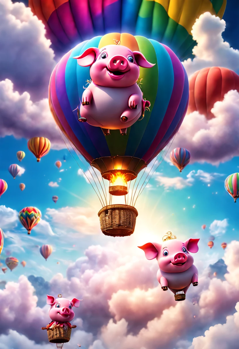 Strange hot air balloons,Colorful,Cute pig shaped hot air balloon,In the clouds,beautiful sky,Surreal,Epic dreams,a fairy world,illuminations,high high quality,a 3D render,ultra - detailed,realistically,vibrant with colors,Amazing lighting