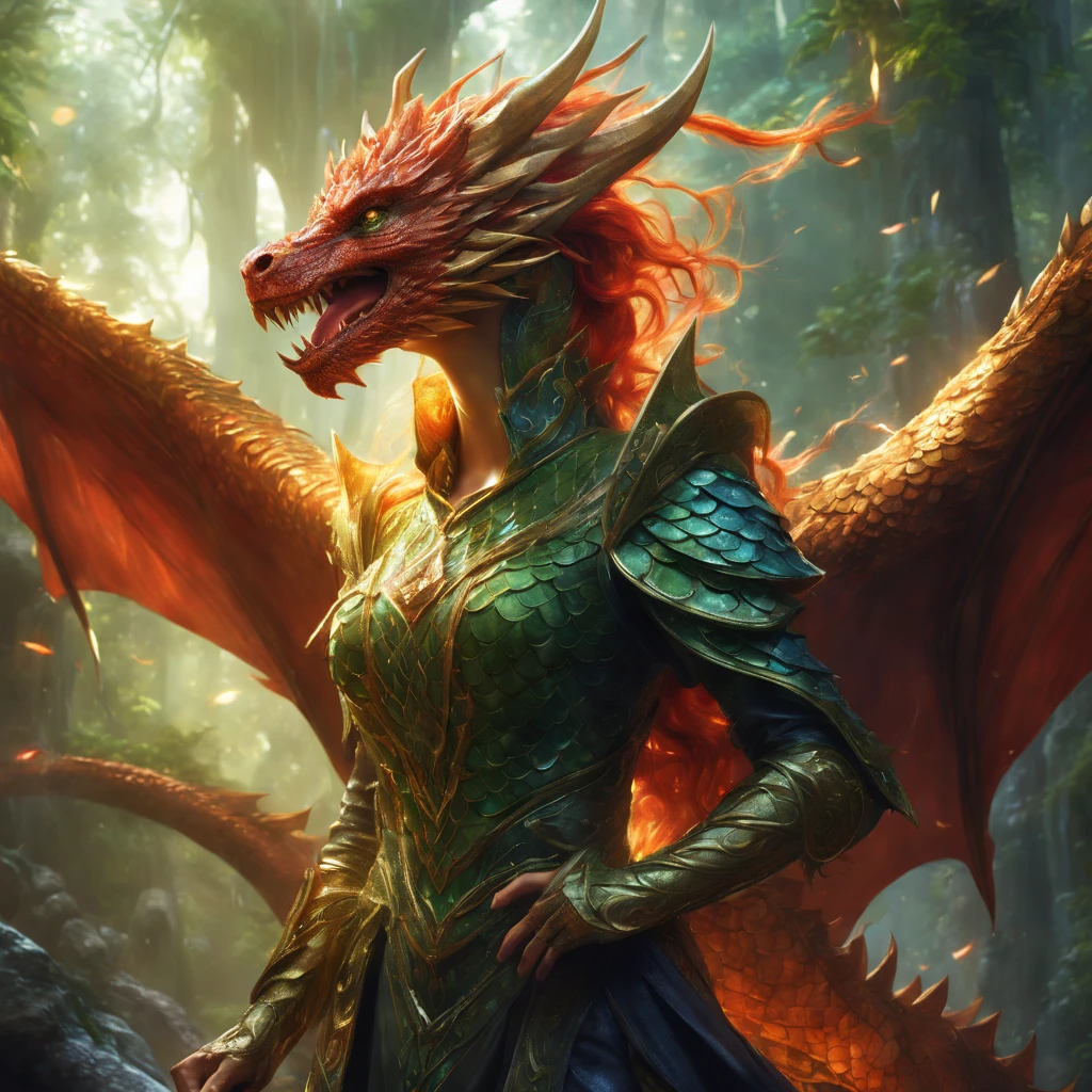 (best quality,4k,8k,highres,masterpiece:1.2),ultra-detailed,(realistic,photorealistic,photo-realistic:1.37),sorceress with green eyes and red hair, with dragon scales,Moebius,Jordan Grimmer,Royo,action painting,golden ratio,dark academia,beautiful detailed eyes,mysterious expression,flowing red hair,magical aura,elaborate robe,glistening dragon scales,spellbinding atmosphere,ethereal background,fantasy setting,enchanted forest,mystical lighting,captivating landscape,powerful stance,fierce magic,spellcasting,dramatic brushstrokes,fluid motion,vibrant colors,rich textures,mythical creature,otherworldly beauty,otherworldly surroundings,epic fantasy artwork