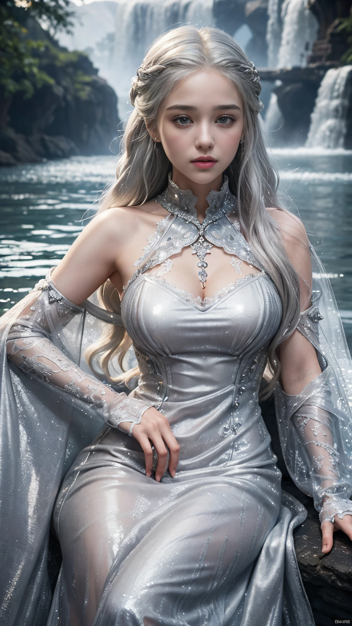 HDR 10, beautiful girl, detailed eyes, detailed lips, very long hair, silver hair, ultra detailed texture, water drops, outdoors, game of thrones, silver heavy dress, (high detailed silver dress:1.5), lace, loops, soft lighting, attractive poses,