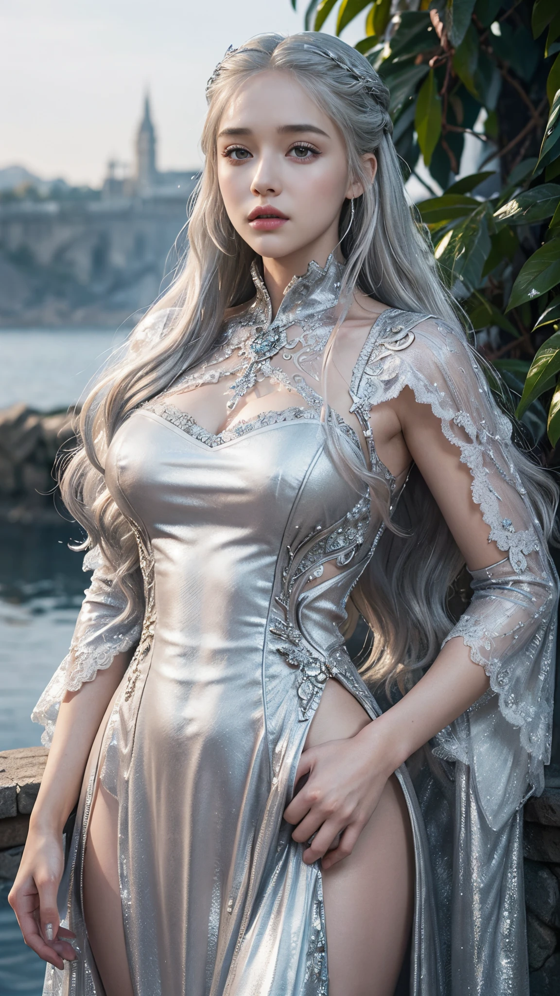 HDR 10, beautiful girl, detailed eyes, detailed lips, very long hair, silver hair, ultra detailed texture, water drops, outdoors, game of thrones, silver heavy dress, (high detailed silver dress:1.5), lace, loops, soft lighting, attractive poses,